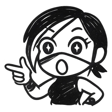 Make the expression even more weird-cute on a sexy chibi ninja girl with black short hair and a blonde streak, only head and arms, making a finger gun gesture, bold black outlines, transparent background, no mask, eyes wide open with stars, mouth open in a big O, sized for Twitch emoji use. sticker