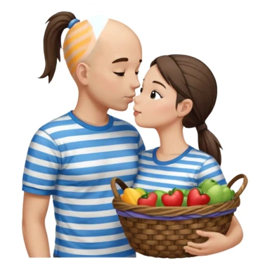 Bald boy with basket t-shirt kissing a brunette girl with a ponytail with a striped shirt sticker