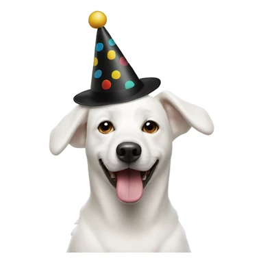 White dog with black spot eye with a birthday hat sticker