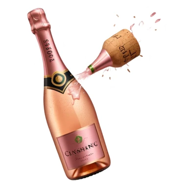 bottle of sparkling rosé champagne with a rose logo on the label, with a cork exploding out from the top, tilted up and to the left, no glass sticker