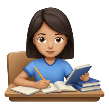 A student with dark hair is reading a book and taking notes in a notebook. There are also papers and textbooks on the table. sticker