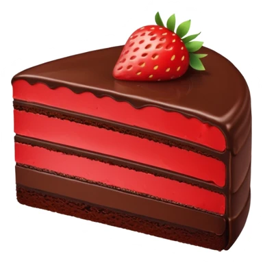 slice of chocolate cake showing layers with a single fresh strawberry on top sticker