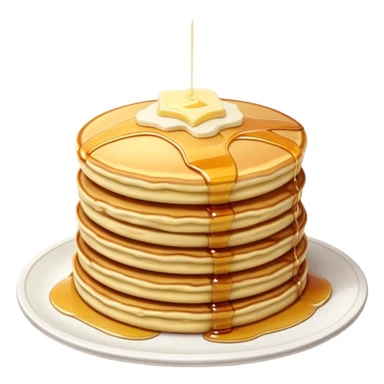 Cinematic fluffy golden pancakes, stacked high, drizzled with maple syrup, topped with fresh butter melting on top, light dusting of powdered sugar, warm and inviting, soft glow and mouthwatering. sticker