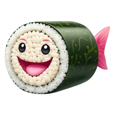 Cute Kawaii Maki Sushi Roll, small and round, wrapped in soft dark green seaweed, tiny grains of rice peeking out, a bright pink fish filling, a cheerful smiling face! sticker