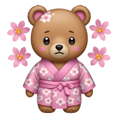 A cute light-brown bear wearing a pastel pink sakura-patterned kimono, normal balanced body ratio.  
Tears pooling under the eyes and softly streaming down cheeks, sad trembling mouth and droopy ears.  
Kawaii emoji style, minimalistic clean sticker illustration, white background. sticker