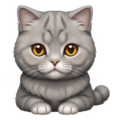 Cinematic-Fluffy-Grey-Scottish-Fold-Cat-Portrait-Emoji – Head tilted cutely with big, sparkling amber eyes, soft solid grey fur, and signature small folded ears pressed gently against its round head, simplified yet irresistibly adorable features, highly detailed, glowing with a soft and warm charm. sticker