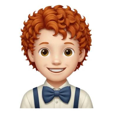 redhead kid with unique face features and very curly hair kid boy happy and braces on teeth, wearing a bow on head sticker