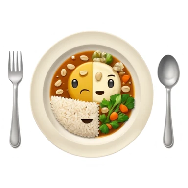  dirty plate after eating, leftover food scraps, vegetable pieces, rice grains, sauce stains on the plate, fork and spoon placed beside the platerealistic food leftovers, clean and simple background, soft lighting, high quality, emoji style sticker