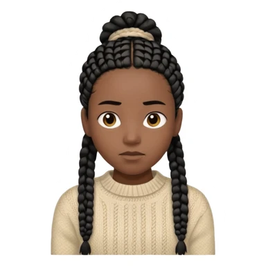 Her black skin glows warmly under the natural light, enhanced by the gentle textures of her knitted beige sweater and black hair in cornrows. her serene expression brings a quiet strength to the portrait.  sticker