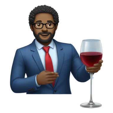 Curly hair with a fade, thick beard, black light skin guy wearing glasses wearing a blue suit and red tie holding three glasses of wine on his 2 hands sticker