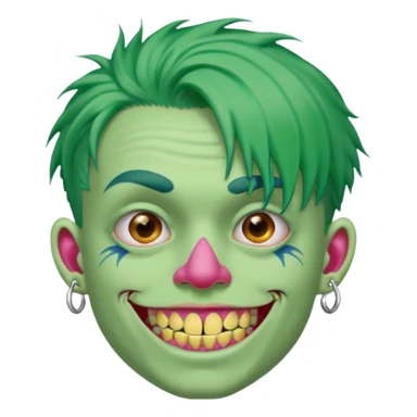 very colorful puffy green haired man made out of candy wearing teeth-braces and excessive face tattoos and excessive piercing just face  sticker