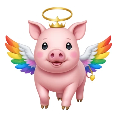 small pink pig with white wings and golden halo walking on rainbow bridge sticker
