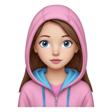 Create a TEENAGE girl with LONG and straight light brunette hair with a middle part, light skin, light freckles, and blue-gray eyes. She will have pink lips and LONG eyelashes. She will be wearing a light pink zip-up hoodie that is off her shoulder. sticker