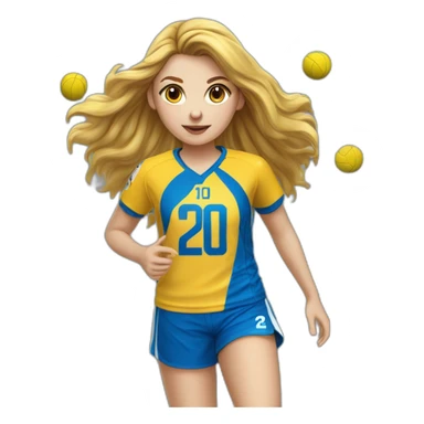 Teenage girl handball-louves saint-amand yellow jersey number 20-long hairs-blue pants-shooting ball-blue short sticker