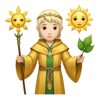 {
      "type": "human",
      "look": "light elf healer, golden robe, staff with leaf and sun",
      "description": "a light elf healer wearing a golden robe and holding a staff with leaf and sun no face"
    } sticker