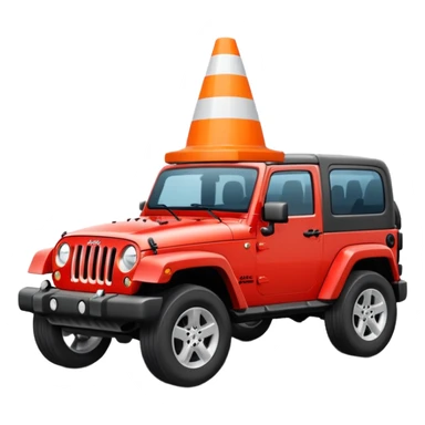 red Jeep Wrangler driving over an all-white traffic cone with no stripes or markings, emoji style sticker