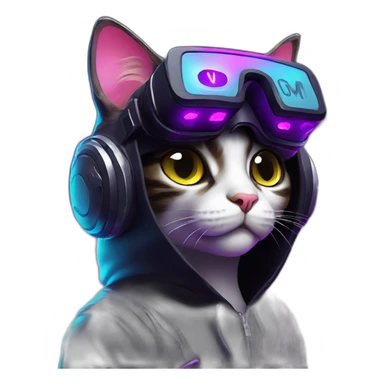 funny cat wearing a black hoodie with "OMG" letters on it and VR headset in a cyberpunk VR environment with violet neon lighting. sticker