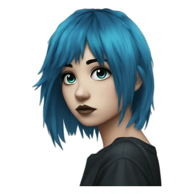 Side profile sad emo girl, black makeup, long choppy blue hair side bangs sticker