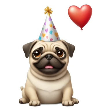 Pug wearing a birthday hat and holding a heart balloon  sticker