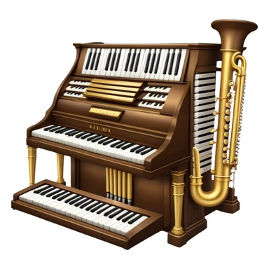 Create an elegant and majestic emoji representing a classical organ. The design should feature the grand pipes of the organ in the background, with visible details of the keys and pedalboard in the foreground. The pipes should be tall and impressive, with a mixture of gold, silver, and metallic shades to emphasize the grandeur of the instrument. The keyboard and pedals should be well-defined, capturing the intricate craftsmanship of the organ. Use dark wood tones and gold accents for the body of the instrument to give it a rich, historic feel. Add subtle musical notes around the organ to evoke its deep, resonant sound. The background should be transparent. sticker
