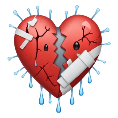 Un corazón roto de color gris con grietas  sangrando y expulsando sangre rodeado de vendas y tiritas que se despegan sin hacer efecto sticker