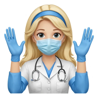 enfermera rubia con pelo largo sin nada en el pelo, con mascarilla y guantes azules las dos manos arriba sticker