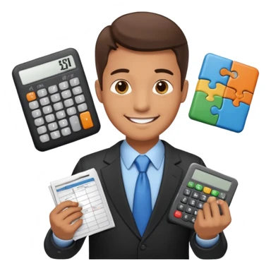 emoji, of a male AUDITOR smiling with Finance spreadsheet , a calculator,plus ADD A puzzle and a Balance for accounting. sticker