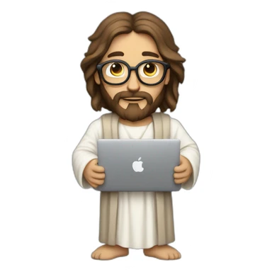 Jesus Christ as a tech nerd God holding a macbook sticker