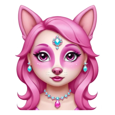 glamorous dog portrait, head and shoulders only, exaggerated pink makeup, bright eyeshadow, long eyelashes, shiny blush cheeks, sparkling face gems, glitter accents, elegant earrings, fantasy beauty style, cute 3D cartoon, mobile game icon style, clean background, no text, no watermark
 sticker