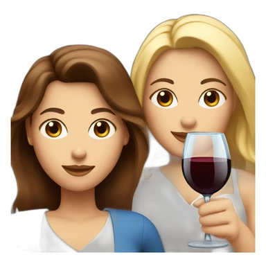 White woman with brown hair and brown eyes toasting with a red wine together with white woman with blond hair and blue eyes with red wine sticker