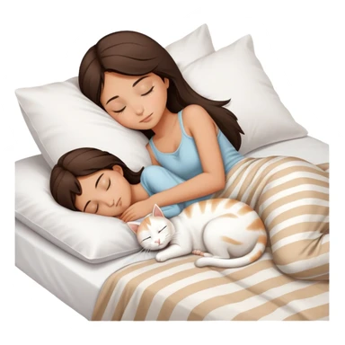 side view Brunette teenage girl sleeping with white cat that has beige stripes on a white pillow with white sheets sticker