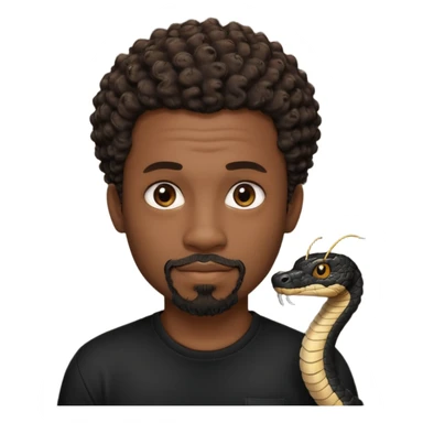 Homme noir, yeux marron avec un bouc que le menton, cheveux court et bouclé crépus avec dégradé sur le côté, avec un cobra à côté , t-shirt noir  sticker