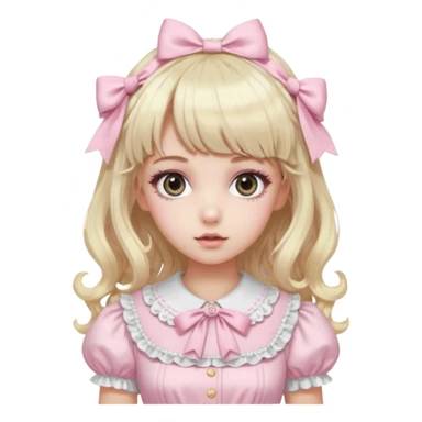 pale girl , who has curly medium length blonde and baby pink swirled hair with bangs , grey eyes , and doll like makeup , in a light pink lolita hime gyaru dress emoji | AI Emoji Generator sticker