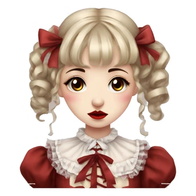 sad crying Japanese pale woman with drown curly pigtails and bangs, red lips and eyeshadow, long eyelashes, brown eyes, red Lolita dress with laces and ribbons, gothic Lolita doll look sticker