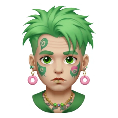very colorful puffy green haired man made out of candy  and excessive face tattoos and excessive piercing just face  sticker