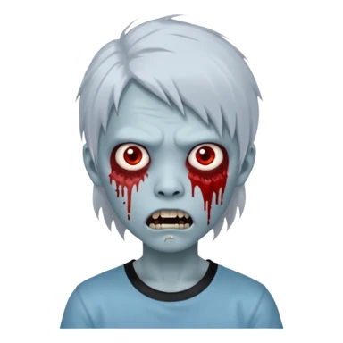 Create a 3D emoji-style avatar with very pale blue-grey zombie skin like the reference image, a young Asian face, and large eyes with blood tears. Give it white mullet-style hair, silver hoop earrings, and a simple black T-shirt. The expression should be slightly angry and has vampire teeth sticker