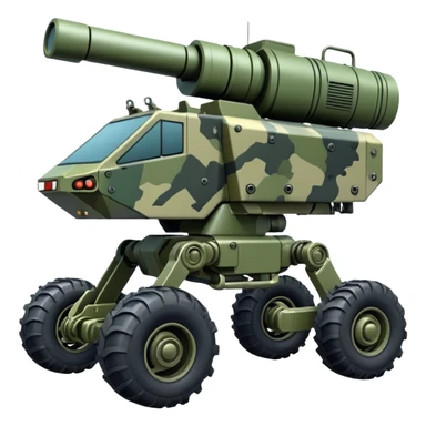 a 4-wheel armored camouflage army massive mech trail vehicle shooting forward side-hill leaning actively independent suspended pod gimbal enemy mech off-road racing rover with large fast engine  sticker