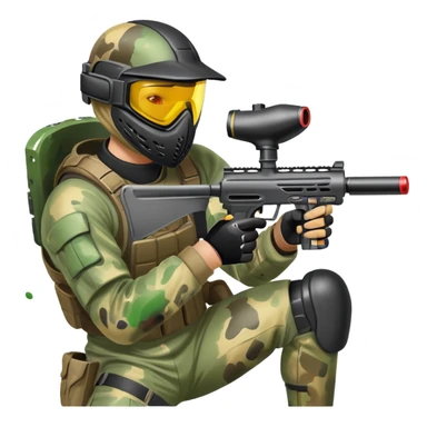 A paintball player in full gear, aiming a paintball gun with focus and determination. The scene includes vibrant splashes of paint and a dynamic battlefield setting, emphasizing action, strategy, and teamwork in a competitive environment sticker