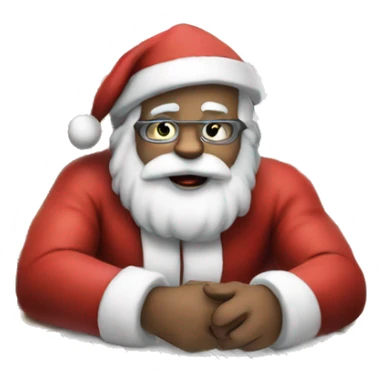 Santa is sitting on a desk, solving complicated math problems on a sheet of paper sticker