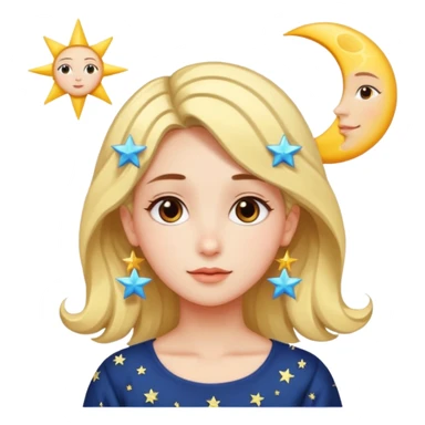 An Emoji of girl, who can be described by three words: sun, moo, star sticker