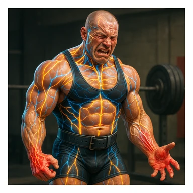Powerlifter in competition clothing, muscles and nervous system glowing and growing, reddened and injured hand tendons, expression of pain, anatomical details, gym background sticker