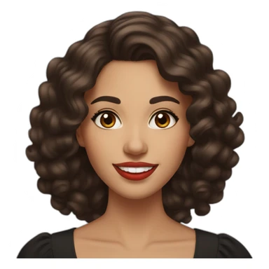 young moroccan woman with dark brown eyes, brown long curling hair with lighter tips, red lips, big smile, black dress sticker