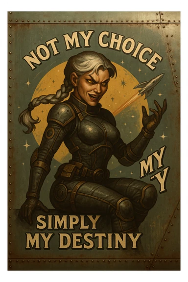 a retro military pinup fuselage decoration for the motto " not my choice, simply my destiny "
; female figure, white hair 1 braid, gold yellow eyes, spacer, fierce, exo-rogue, menacing yet taunting sticker
