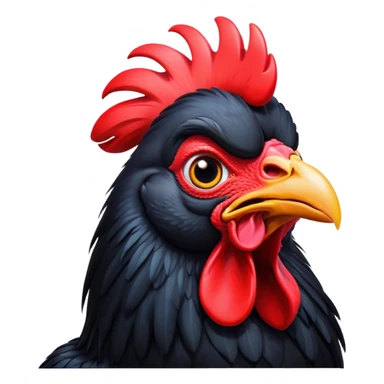 Cinematic Comical Black Rooster Portrait Emoji, Head tilted dramatically with an exaggeratedly shocked or amused expression, featuring a striking pure black plumage with a bold red comb, wide, expressive eyes filled with playful disbelief, Simplified yet hilariously expressive features, highly detailed, glowing with a slightly sassy glow, high shine, dramatic yet playful, stylized with an air of cheeky mischief, bright and endearing, soft glowing outline, capturing the essence of a spirited and over-the-top rooster, so meme-worthy it feels like it could crow its way into internet fame instantly! sticker