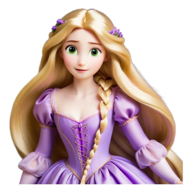 Cinematic Realistic Rapunzel Portrait, with porcelain-like skin featuring a subtle, natural glow, illuminated by soft lighting that brings out the gentle contours of her face. Her long, golden blonde hair cascades in detailed waves, each strand highlighted with a radiant shimmer as it catches the light. Her bright, expressive green eyes exude curiosity and warmth, framed by delicate lashes and soft, arched brows. Her expression is playful and vibrant, with a gentle smile. She is dressed in her classic lavender and pink gown, the fabric textured with delicate folds that flow naturally, catching the light with a soft, radiant glow. The portrait captures a luminous, enchanting aura, seamlessly blending realism with a whimsical, fairytale charm, evoking a timeless sense of beauty and magic. sticker