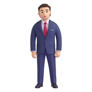 man wearing a dark blue-gray business suit with a white shirt and a red tie sticker