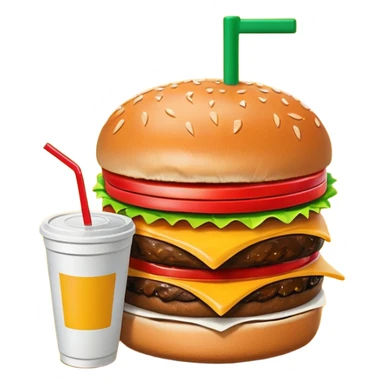 A clean and simple icon of fast food in emoji-style illustration. A burger with fries and a soda cup, bright and bold colors, simple shapes, flat design, high contrast, inviting and appetizing. sticker