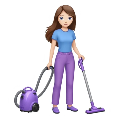 beautiful girl with long brown hair, blue eyes and wearing light purple clothes, cleaning and vacuuming sticker