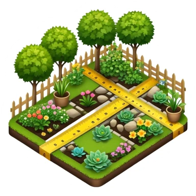 Icon for Landscape Design: a garden layout with plants, trees, paths, and design tools like a ruler, pencil and measuring tape. The icon should represent creativity in outdoor space planning and gardening. Transparent background. sticker