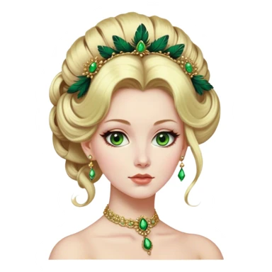 lady with Pale complexion, sharp features, high cheekbones, Blonde hair, green eyes, feathered ornaments, Regency-era elaborate updo with voluminous hairstyle sticker